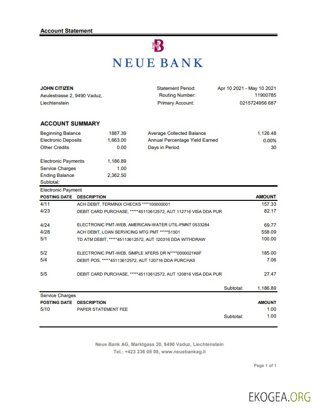 Relevé bancaire Liechtenstein Neue Bank AG modèle facile à remplir au format de fichier .xls et .pdf